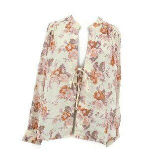 New Flynn Skye Get Away Blouse Womens M Cream Blossoms Lace Front Top LS Floral